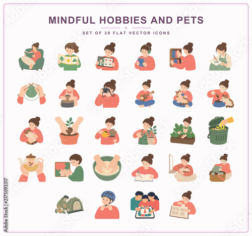 Mindful hobbies and pets icon collection with creative activities, gardening and pet care