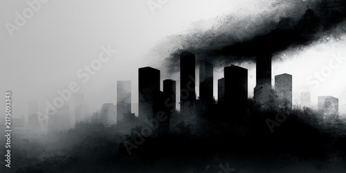 Urban dystopian skyline silhouette with thick smoke and grunge texture across gray gradient backdrop