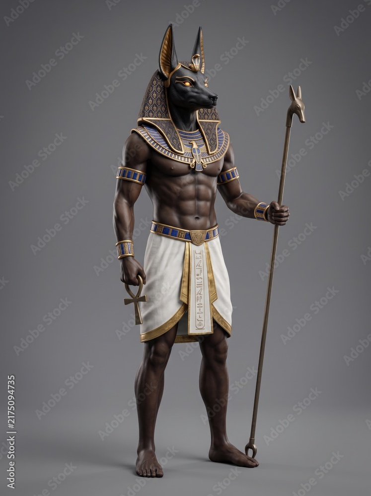 Fototapeta premium Museum-style sculpture of the standing Egyptian god Anubis, holding a was-scepter and ankh.