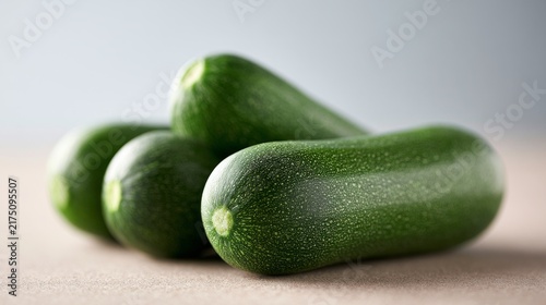 Three green zucchini arranged on beige tabletop suggest seasonal produce for vegetarian recipes, farmers market advertising, healthy food packaging, and rustic kitchen content