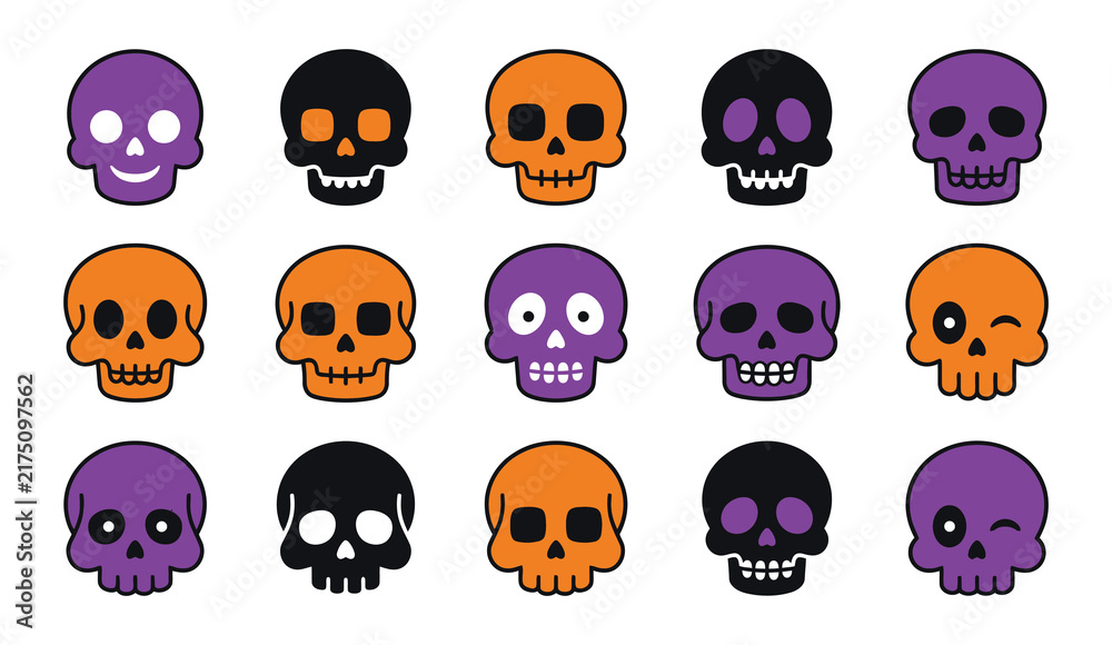Obraz premium Set of halloween skull graphics with various facial expressions in vector format halloween skulls purple skull orange skull