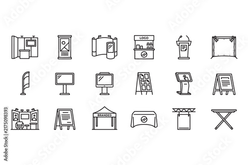 Exhibition, advertising stand line icons set