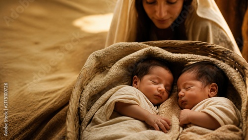 Woman watching over twin newborn babies sleeping in woven basket cradle. Biblical scene of Jacob and Esau birth from genealogy of Jesus Christ. Family love and motherhood concept.