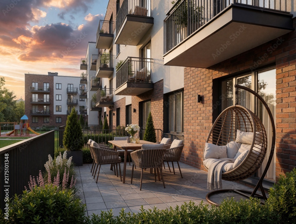 Obraz premium Modern apartment complex balcony with patio furniture and hanging chair. Residential building exterior with urban garden and playground nearby. Dusk sky.