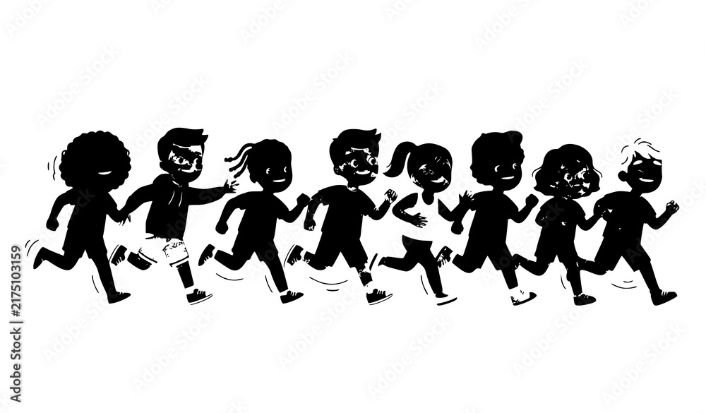 Obraz premium Active Diverse School Children Running Together Silhouette Banner Design for Youth Track Field Marathon Elementary Education and Summer Camp Vectors