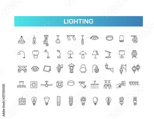 Interior Lighting Icons Set. Lamps, Light Bulbs, Chandeliers and Fixtures Vector Collection