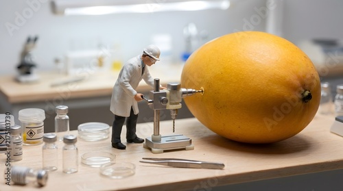 Tiny Scientist Figure Operating Microscale Drill Beside Large Mango in Lab