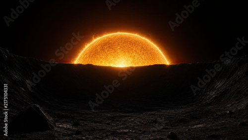 Solar disk emerging beyond a dark ridge, cinematic space background