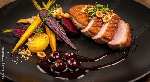 Gourmet roasted duck breast with baby carrots and berry sauce.
