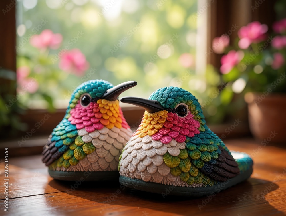 Obraz premium Close up of kawaii hummingbird shaped slippers on wooden table. Colorful bird design footwear with scales texture rests near window. Cute animal themed house shoes add cozy style to indoor home decor