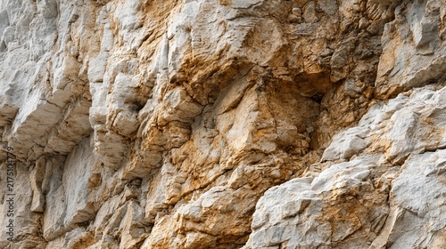Close-up of a rugged rock face, showing layers and textures with varying tones of grey and warm browns