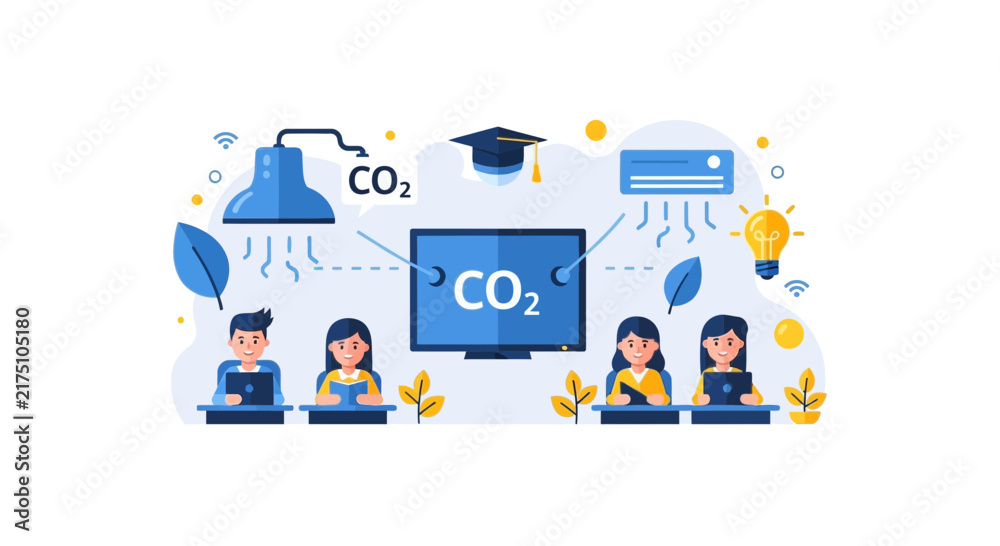 Fototapeta premium Environmental Education Vector: Students Learning About CO2 Emissions and Sustainability