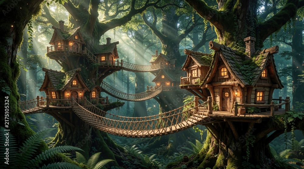 Fototapeta premium Whimsical forest village with cozy treehouses connected by rope bridges. Magical sunlight streams through ancient trees illuminating fairy tale homes nestled high in the canopy.