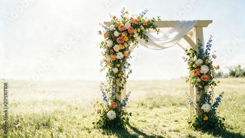 Sunlit arch framed with vibrant flowers