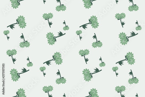 Hand drawn lobed clover leaves and star flowers seamless repeat pattern in green
