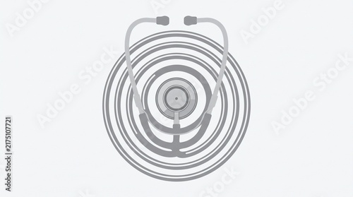 Minimalist Medical Concept Illustration Featuring A Modern Stethoscope Centered Over Concentric Circular Sound Waves Design On A Plain White Background Symbolizing Healthcare And Diagnostics
