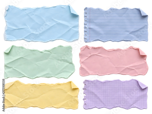 Torn paper strips set on white background, colorful ripped paper banners, pastel crumpled memo note collection