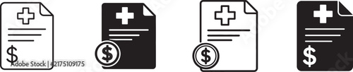   Black and white hospital bill icon set in multiple styles for healthcare, medical payment and insurance design.