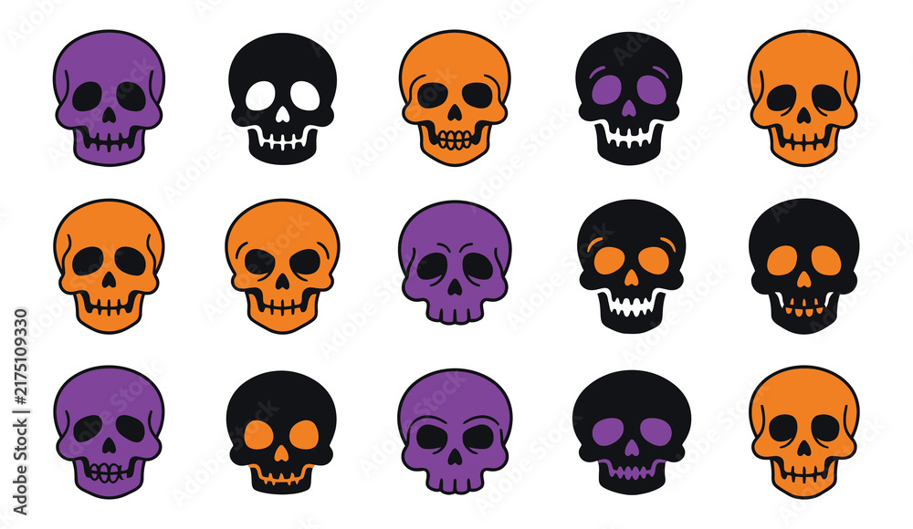 Fototapeta premium Set of spooky cartoon human skulls in purple black orange colors for halloween design halloween skeleton illustration