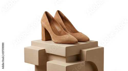 Elegant brown suede high heel shoes placed on a modern geometric pedestal stand with high heels brown pumps women shoes footwear fash
