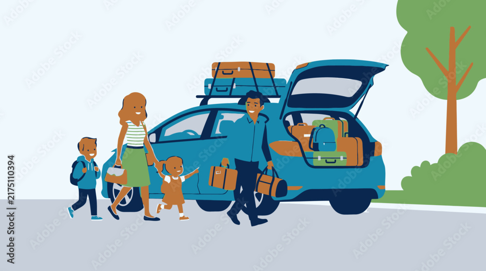 Fototapeta premium Vector illustration of a happy family packing luggage into car trunk before starting a summer road trip adventure holiday vacation.