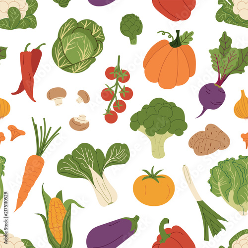 Vegetables seamless pattern with colorful fresh farm produce and leafy greens. Healthy food repeat background for textile, fabric, wallpaper, wrapping paper. Flat vector illustration.