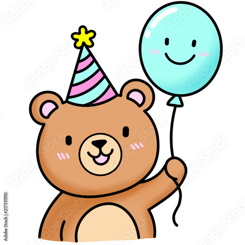 Canvas Print A cute brown teddy bear wearing party hat holding smiley balloon isolated illust