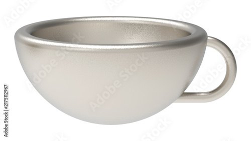 Minimalist silver cup isolated on white background, 3D rendering of a metallic teacup design representing modern kitchenware for 13 series