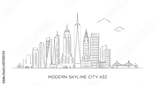 Minimalist line art illustration of a modern city skyline with skyscrapers