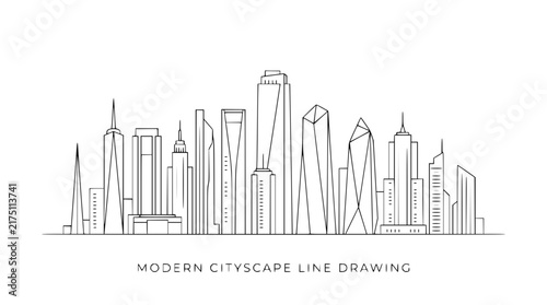 Minimalist line art illustration of a modern city skyline