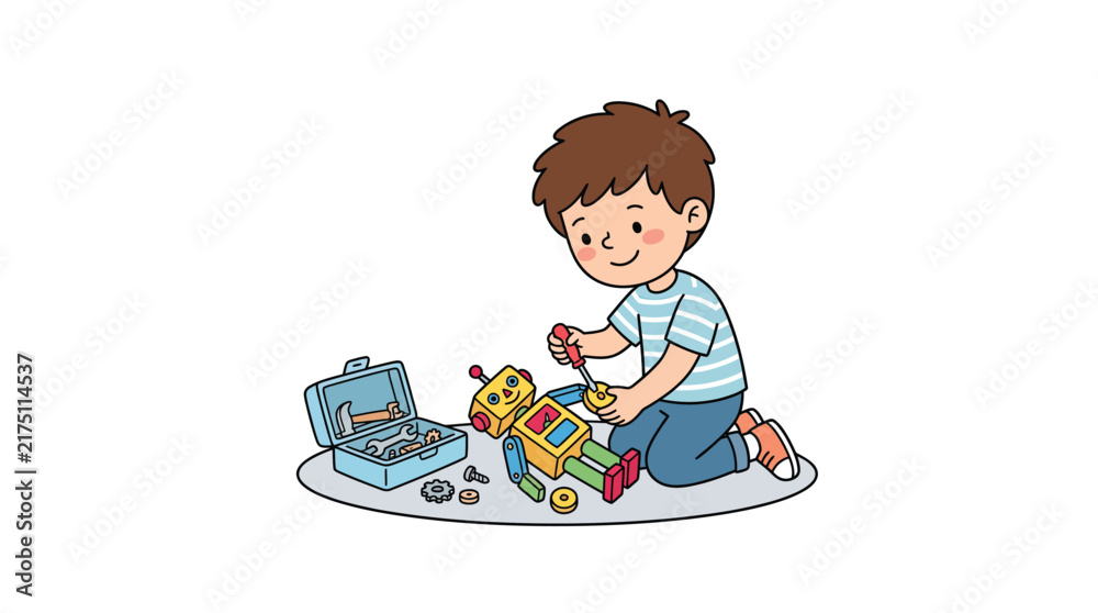 Fototapeta premium Little Boy Fixing Toy with Toolkit Cartoon Vector Illustration