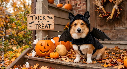 Corgy dog in front of a house with a bat costume ready for halloween season