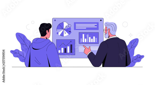Business mentor and analyst reviewing data dashboard with financial charts