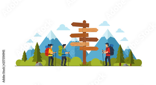 Hikers in Front of Wooden Directional Signpost in Mountain Landscape Vector Illustration