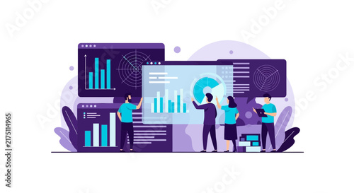Data Analysis Team Working with Business Intelligence Dashboards and Financial Charts Illustration