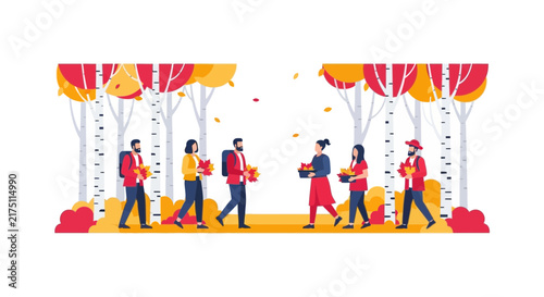 People Walking in Autumn Birch Forest with Fall Leaves Flat Vector Illustration