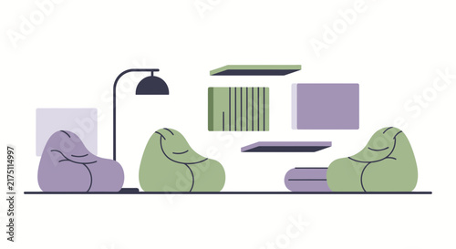 Modern Minimalist Lounge Area Flat Vector Illustration with Bean Bag Chairs