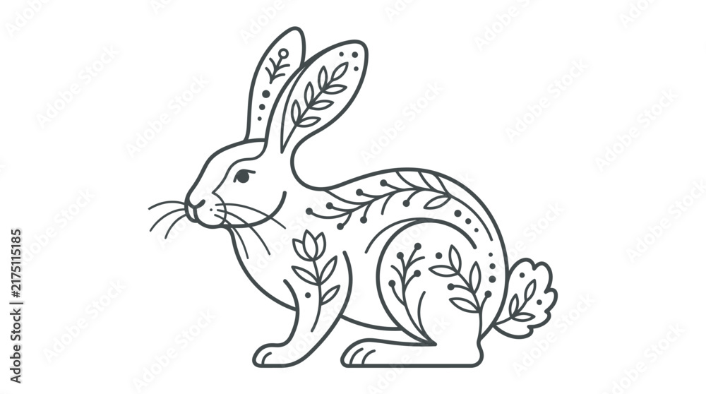 Obraz premium Floral patterned rabbit bunny line art illustration.