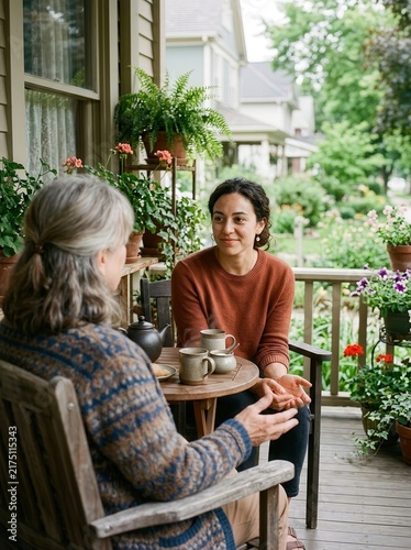 Two women chatting over tea on a cozy porch surrounded by lush green plants and flowers