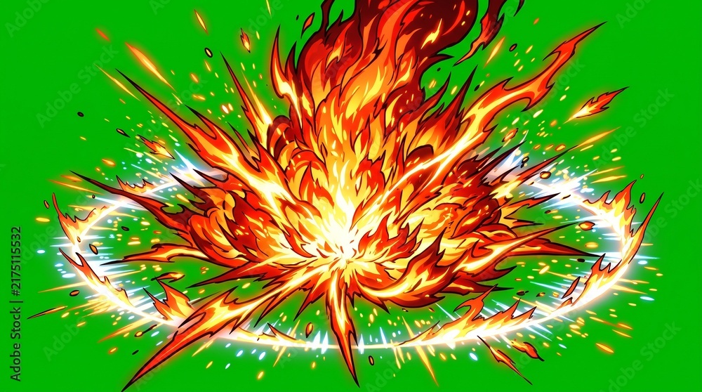 Fototapeta premium Explosive fire and energy blast with a circular shockwave in anime art style, isolated on a green screen background for video editing.