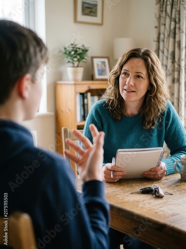 A Woman and Teenager Talking at a Wooden Table, Both Holding Notes