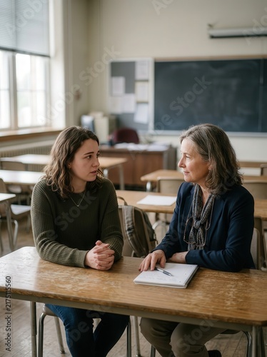 Two people in a classroom setting looking at a notebook on a desk