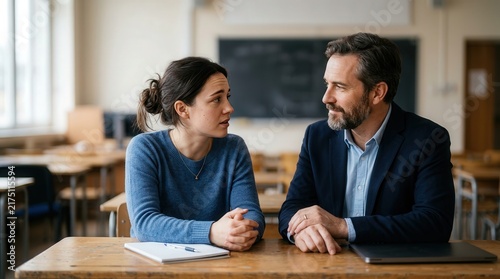 Teacher and student discussing a topic at a desk in a classroom setting