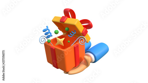 3D illustration of a festive gift box surprise being held by a hand in a celebration event isolated on a white background for a 35 themed digital design