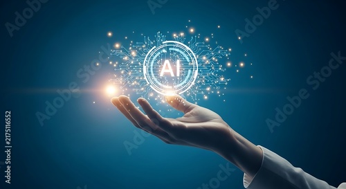 Human hand holding glowing AI digital interface for artificial intelligence technology concept