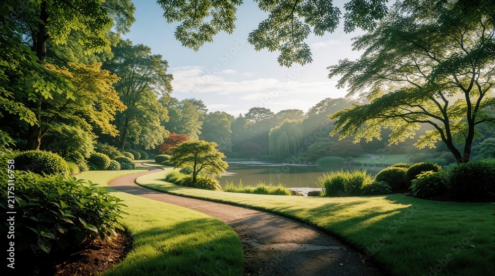 Obraz premium Sunlit garden path curves around calm pond with rich green trees, manicured bushes. Morning light filters through leaves, creating dappled shadows on grass. Peaceful nature scene perfect for tranquil