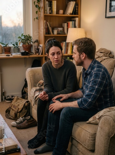 Serious couple having a deep and emotional conversation sitting together in the living room