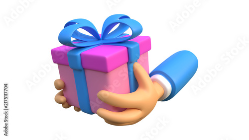 A stylized 3D cartoon hand holding a pink gift box with a blue ribbon, symbolizing a celebratory 45th anniversary special occasion or event