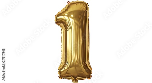 Gold number one balloon isolated on white background for birthday party celebration
