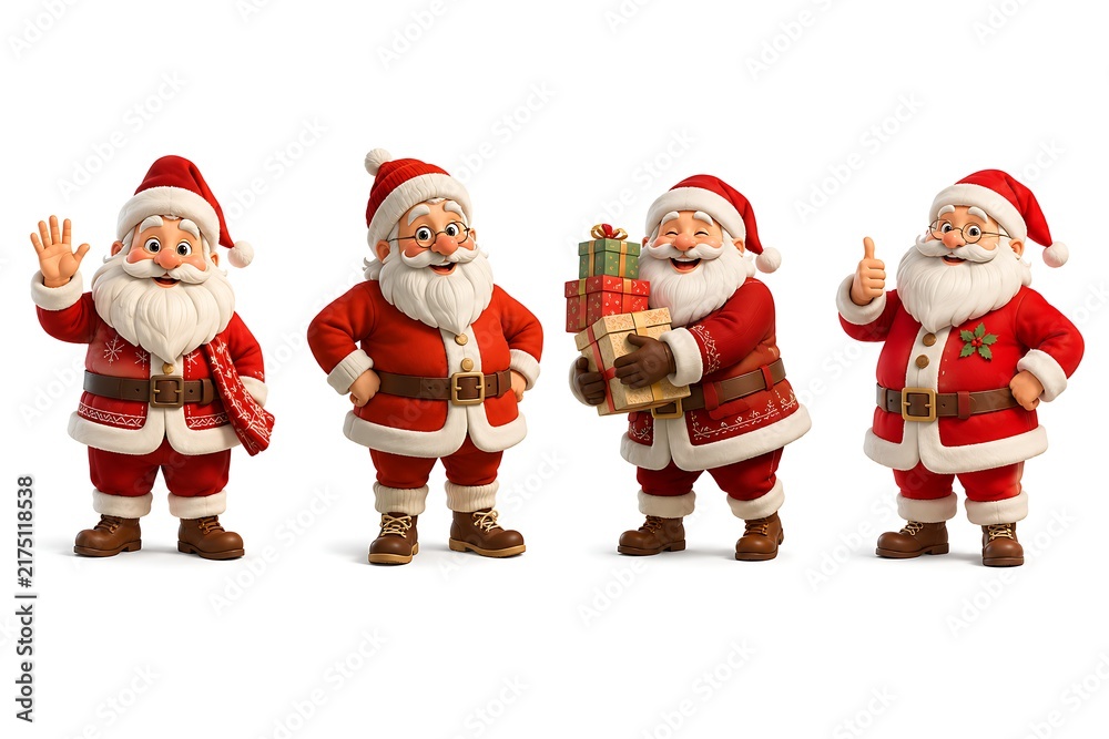 Fototapeta premium Four festive santa claus character figurines standing together on a white background